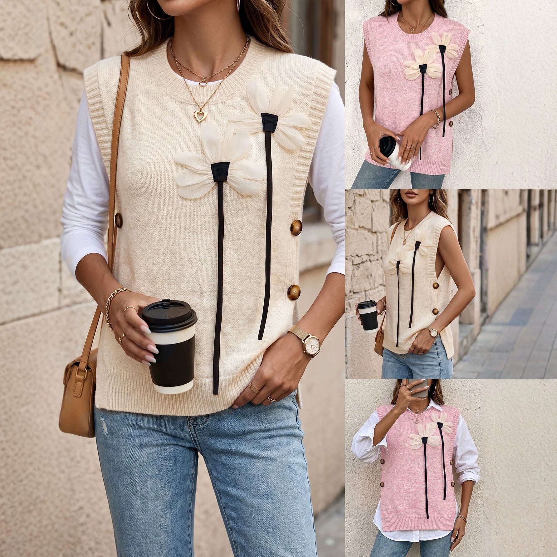 Automnehiver Femmes tricotées Veste de patchwork avec un collier rond et une couleur solide