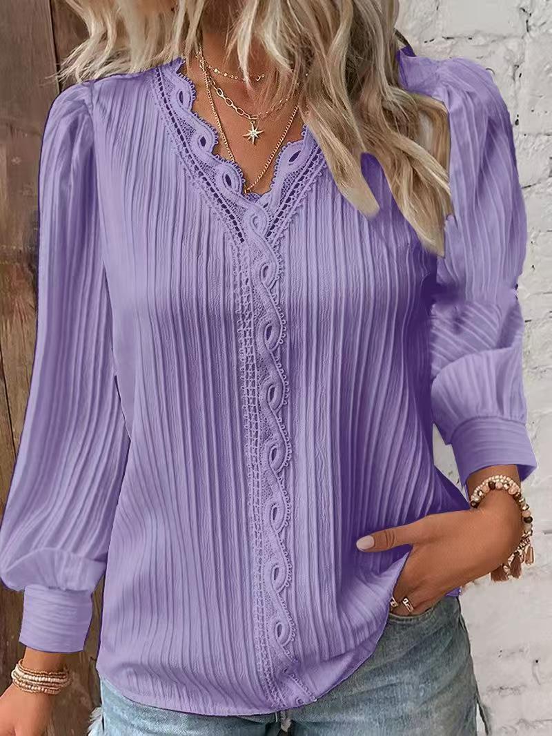 Station Indépendante Wish Amazon Style Autum à manches longues V Collier Dentelle Splicing Chemise Femmes'