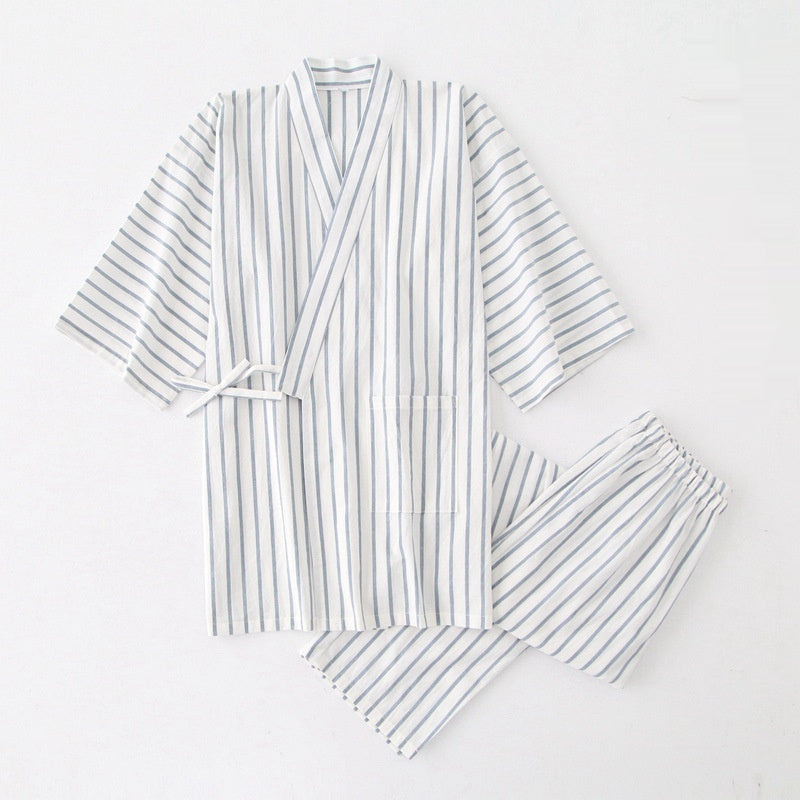 Coton Lavé Pyjama costume mince rayé hommes et femmes japonais couple Kimono pantalons