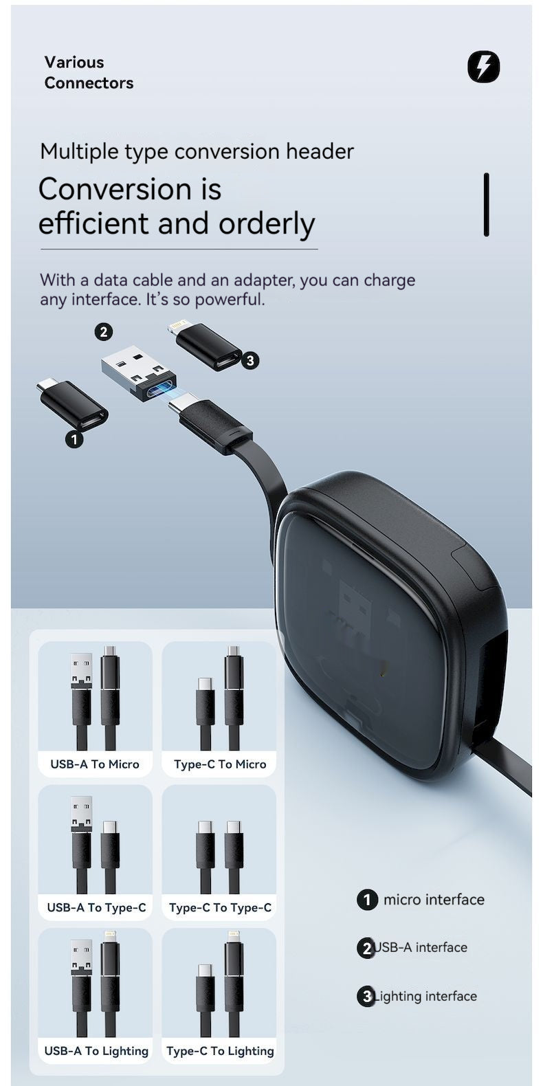 Data Cable Flexible Wire Storage 60W charge rapide Multi-fonction Mobile Téléphone Charger In