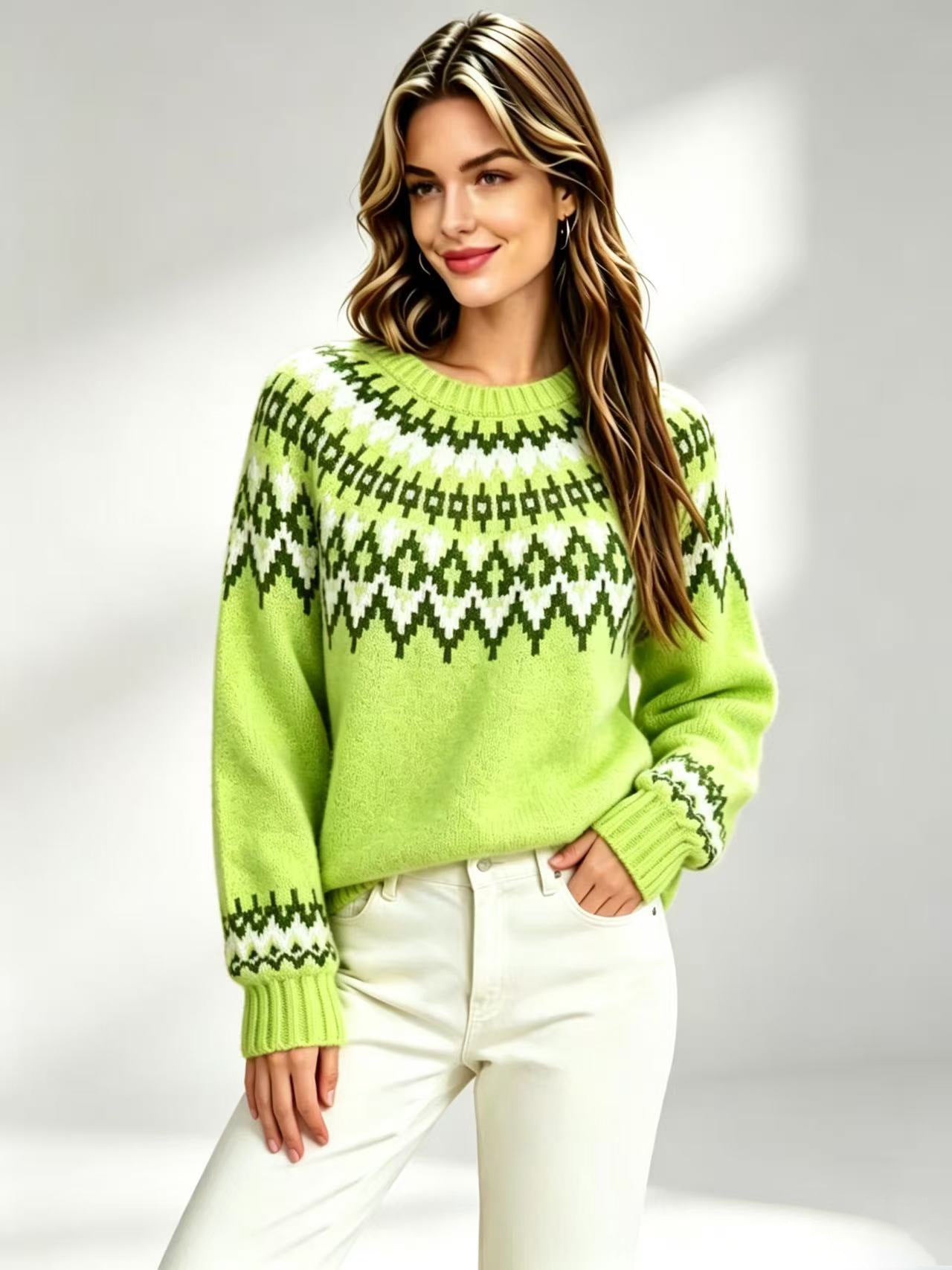 Femmes Retro Fair-Isle Knit Crew-Neck Sweater