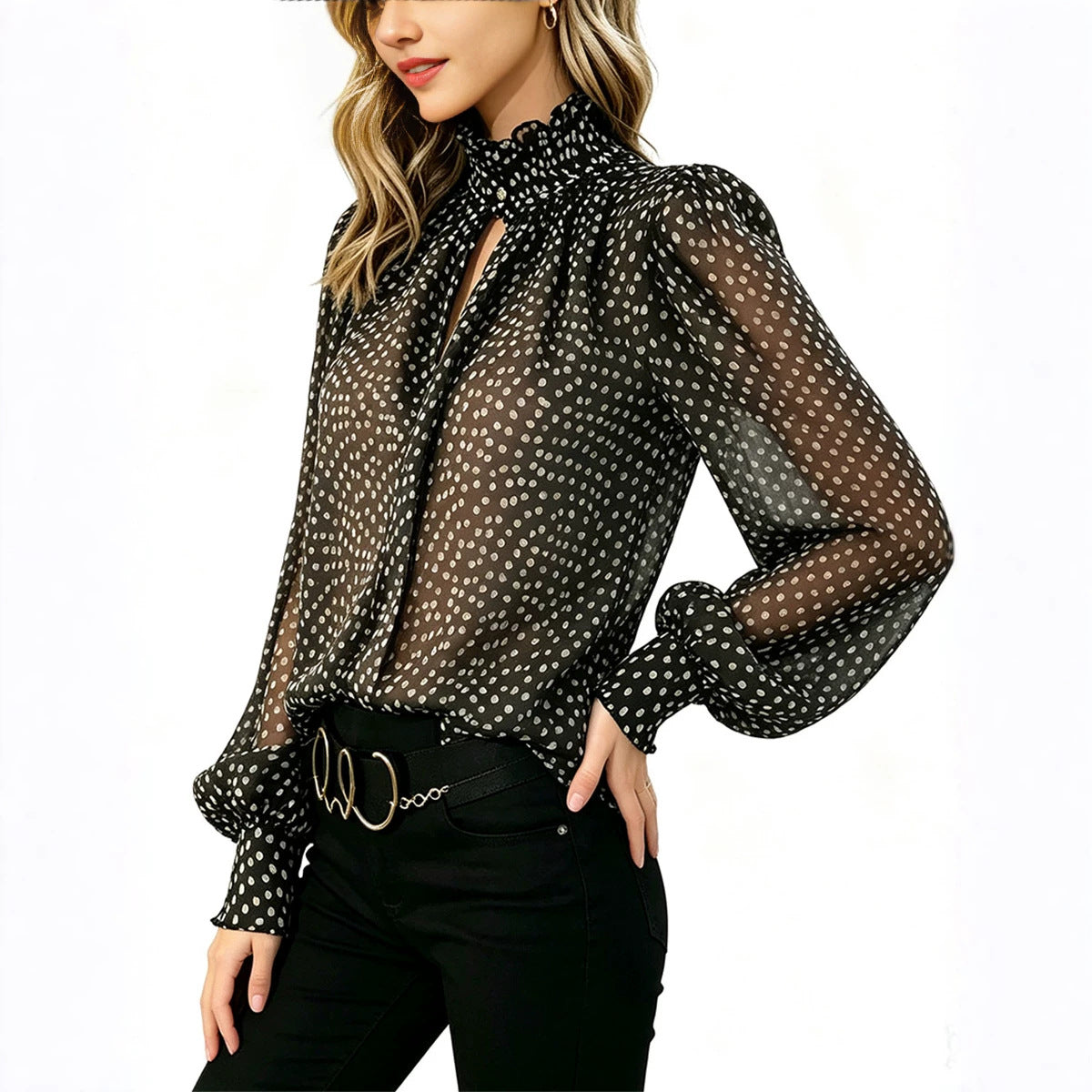 Chemise à manches longues pour femmes, style français Polka-Dot