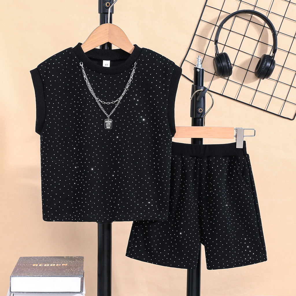 Été tendance Veste sans manches Garçons' Outfit with Starry Sky and Sparkling Strass