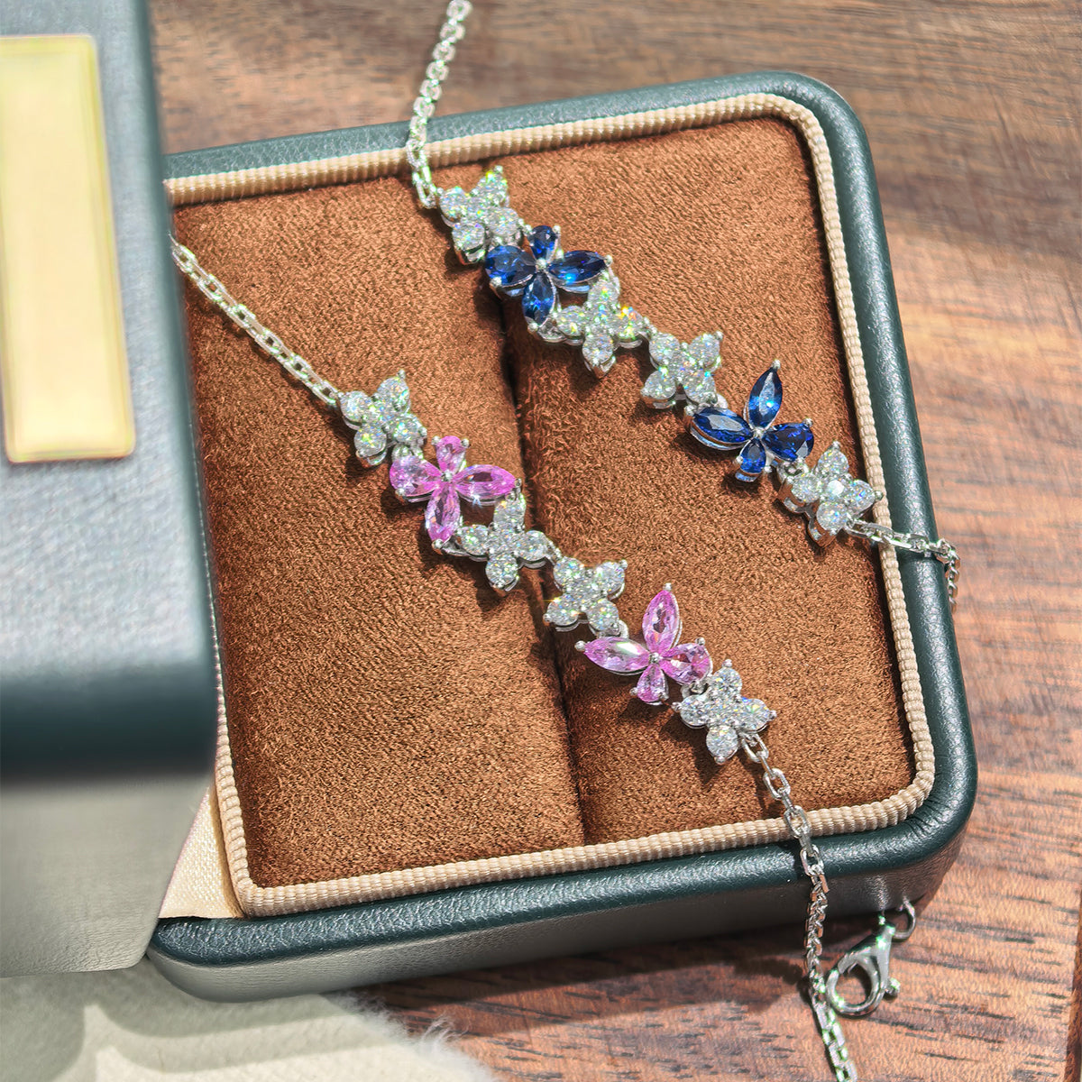 S925 Argent Sterling Lab-Grown Gemme Bracelet papillon 16cm Bleu P Encre Moissanite Plat
