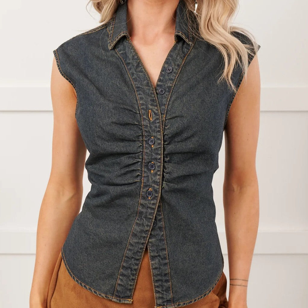 Slim-fit chemise manches courtes Polo Collar pour femme couleur solide Denim Top Veste de mode