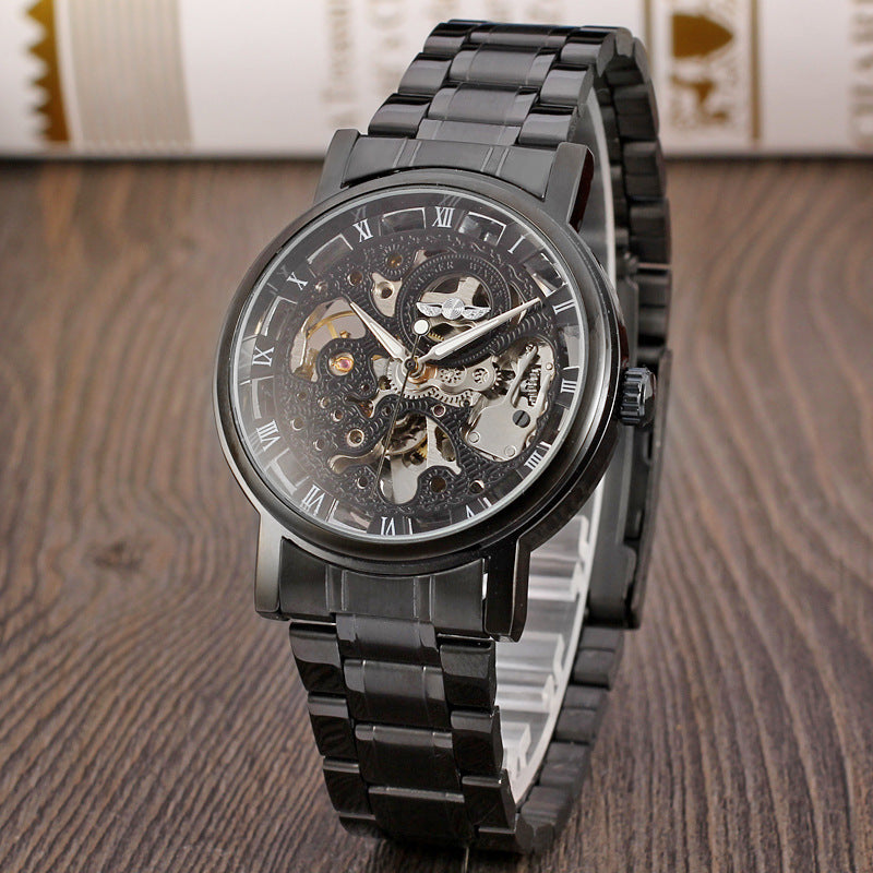 Lauréat Round Hollow Transparent Montre en acier mécanique