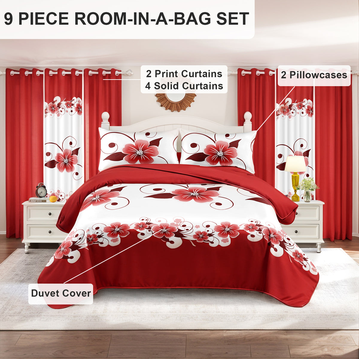 9-Piece rouge et blanc Gardenia Couvercle de couverture pour la Reine