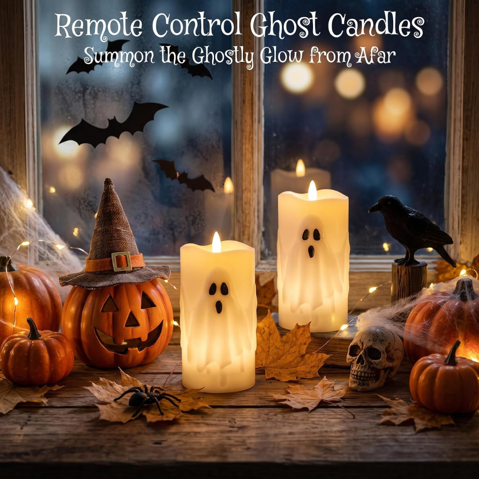 Bougies de pilier sans flamme Halloween Fantôme ensemble de 2 avec télécommande et minuterie