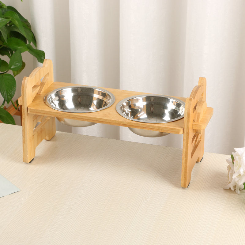 Bamboo Wood Dogs and Cats Bowl Rack Pet Double Bowl