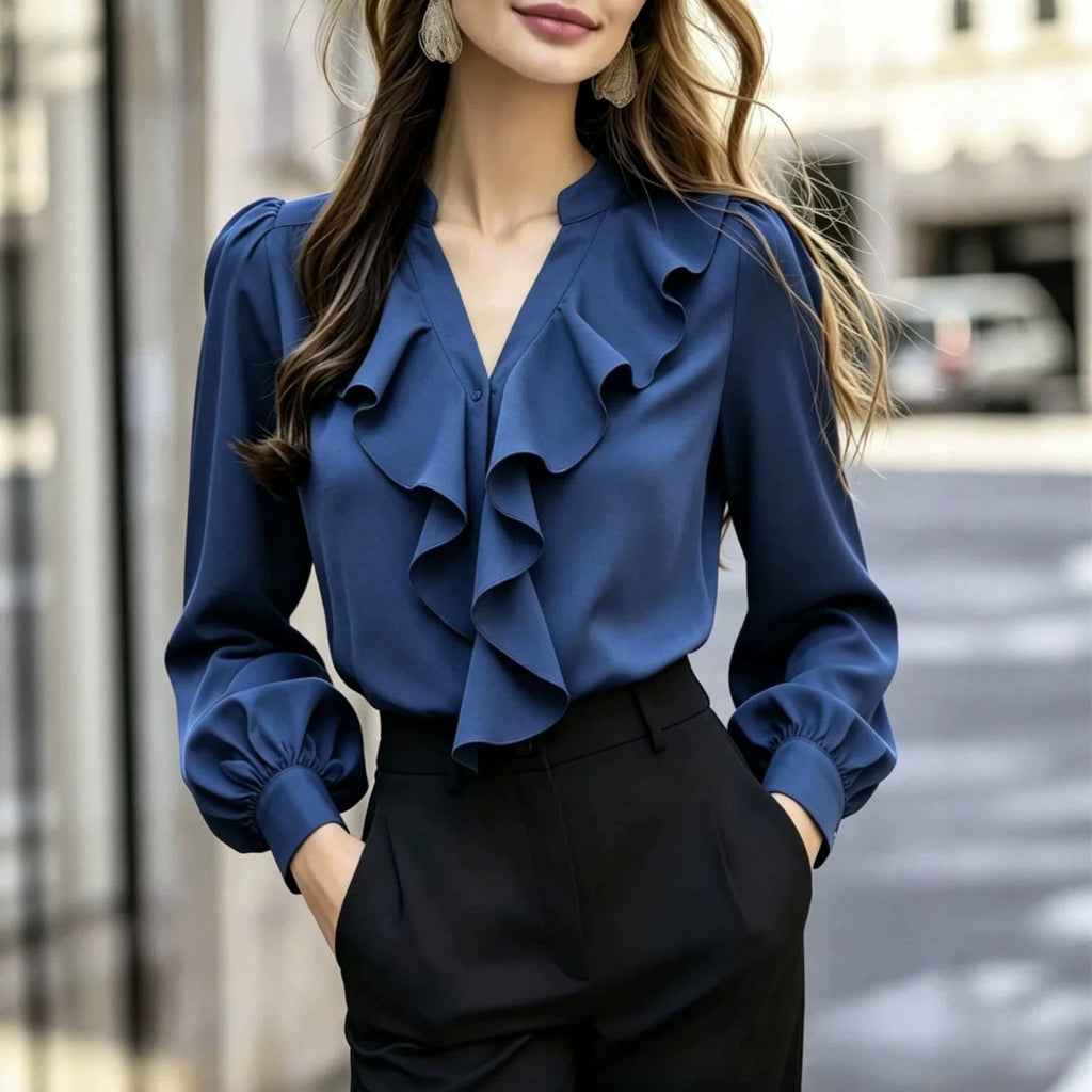 Chemise en V-Neck satinée manches longues Elegant Top