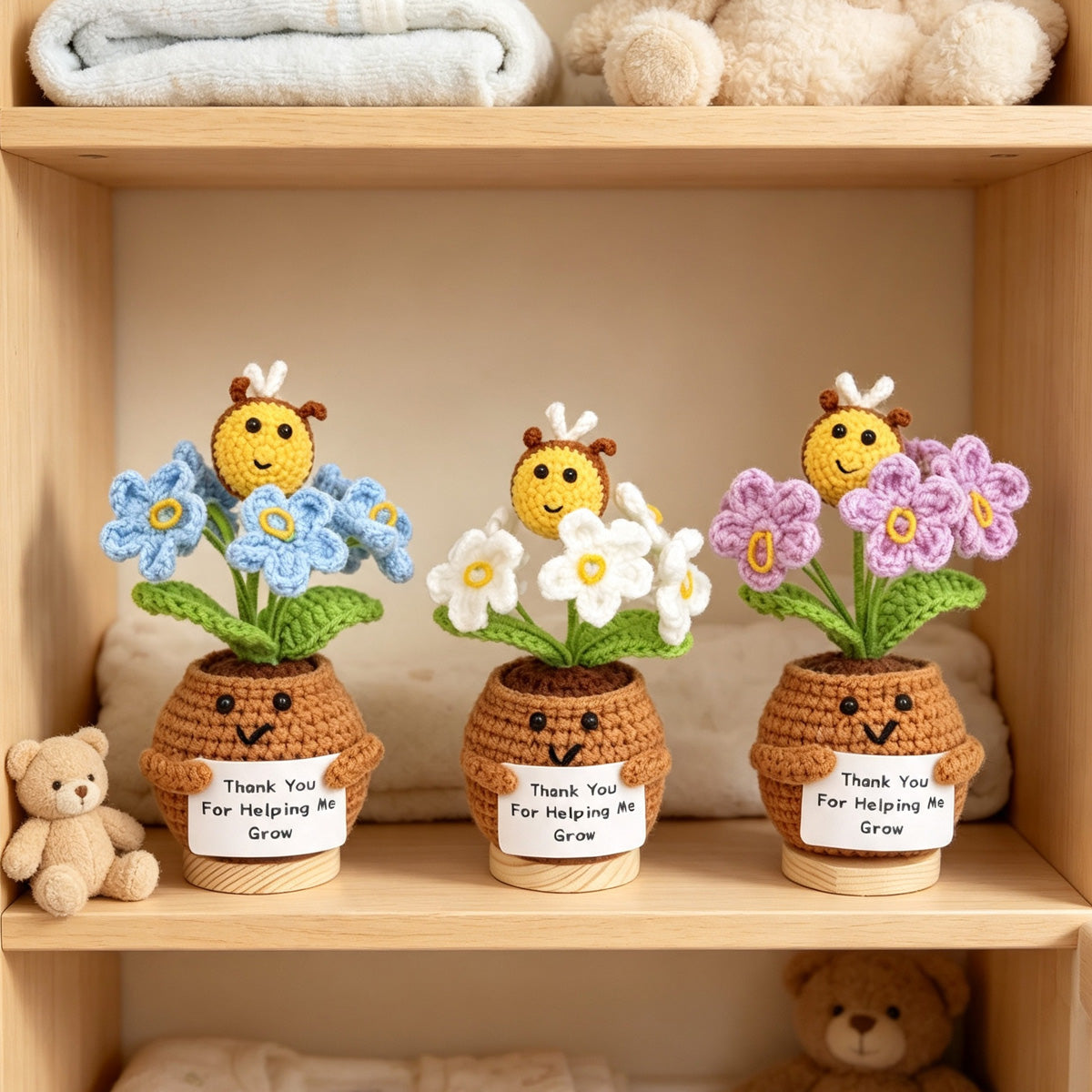 Crochet fait main Bee assorties pot de fleurs ornements fil doux éternelle Crochet Blooms Wi