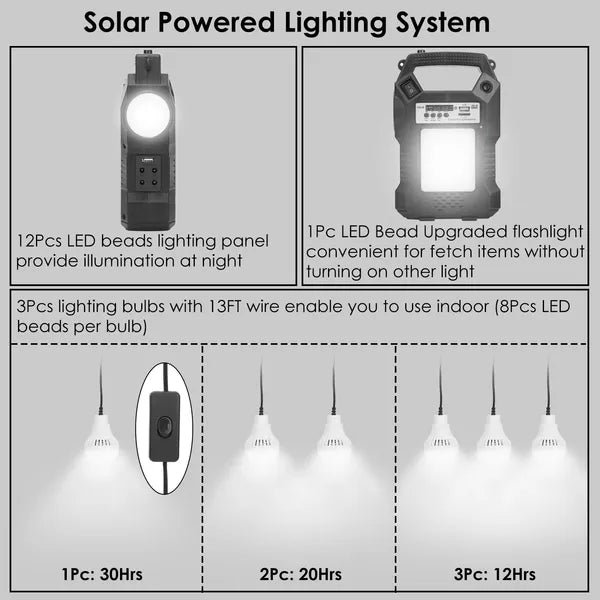 Portable Solar Power Station Rechargeable Backup Power Bank W/Flashlight 3 Ampoules d'éclairage