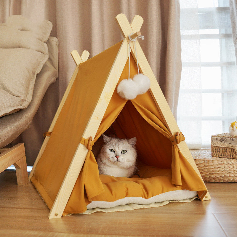 Tente de chat de chat amovible et lavable toile rayée Bois massif