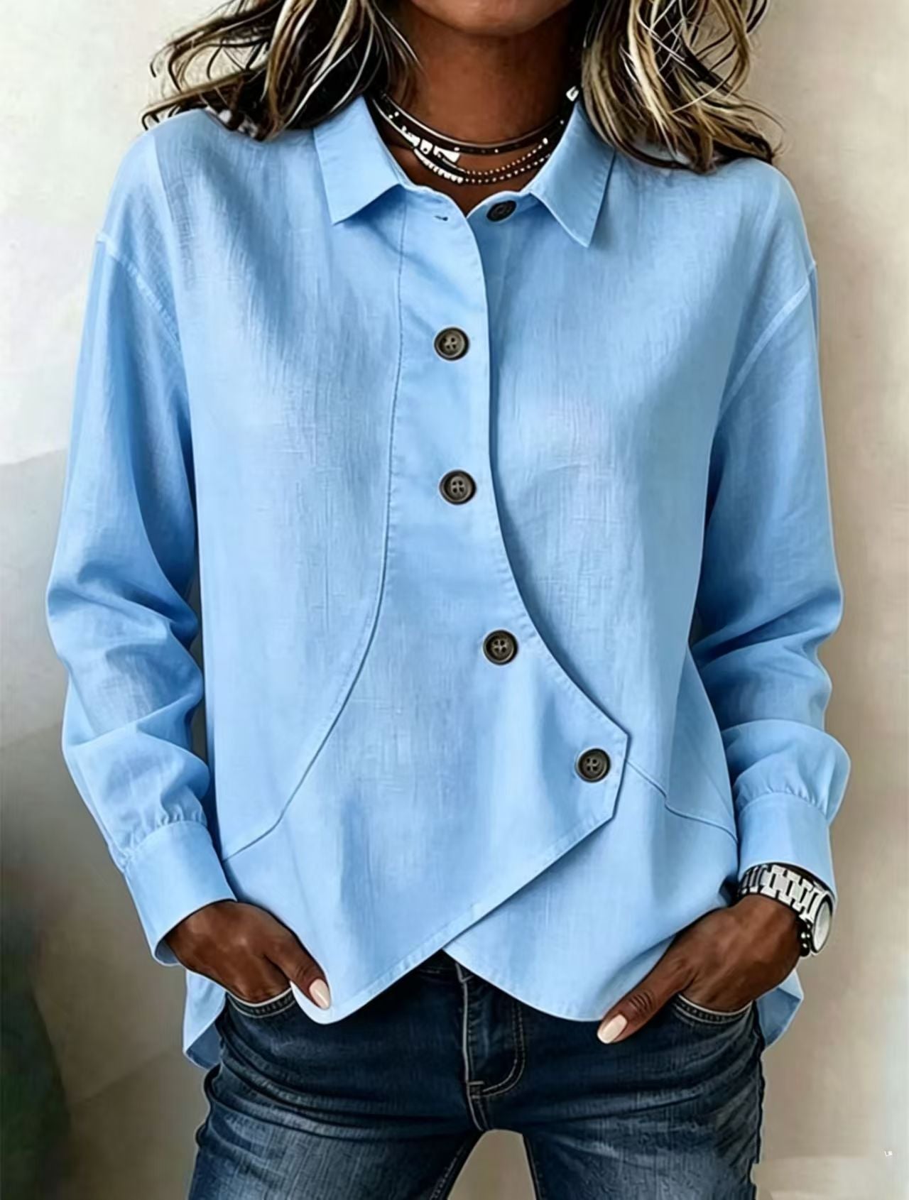 Femmes Casual Solid-Color Asymétrique manches longues chemise de style européen et américain