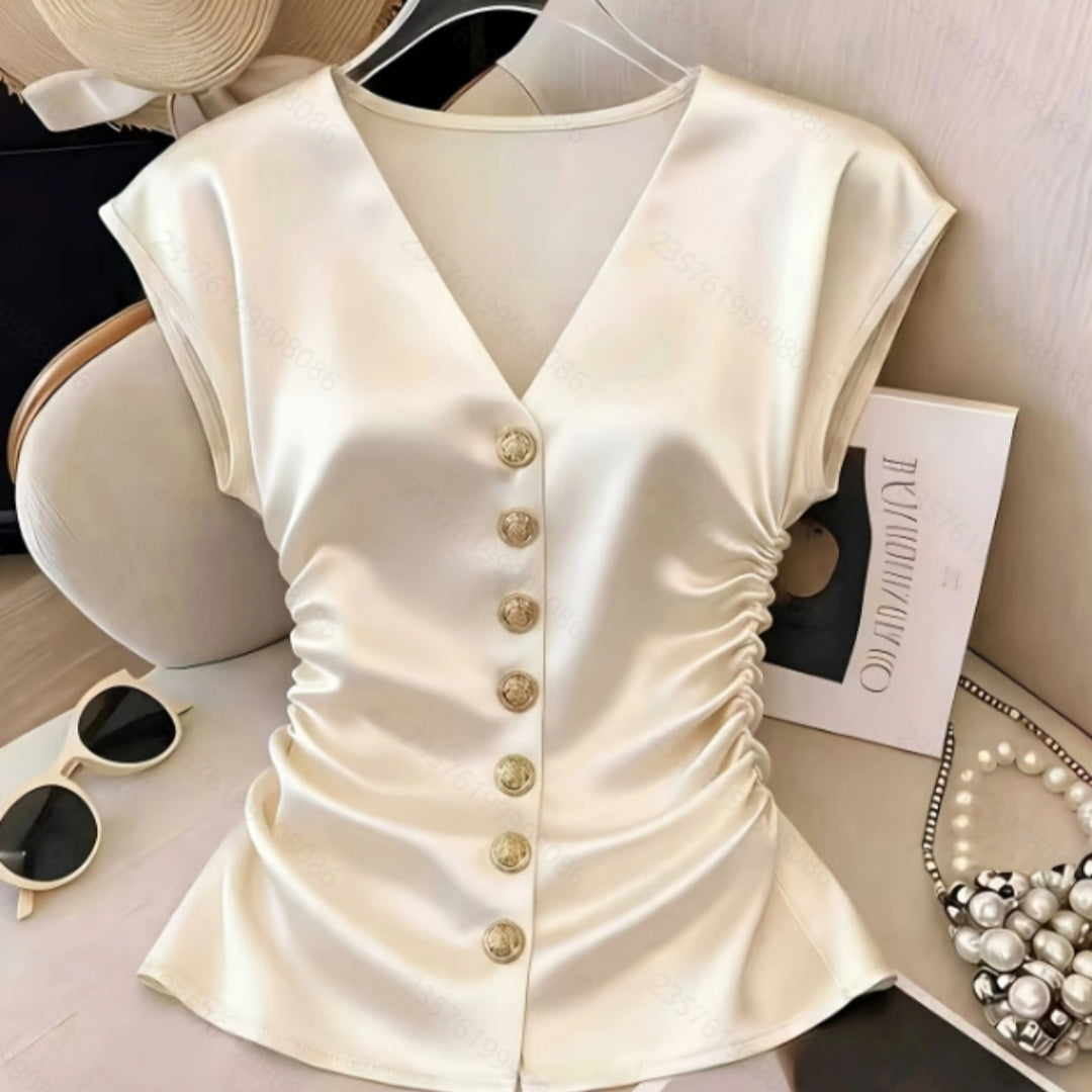 Chemise à plis satiné en V-col de couleur solide pour femmes