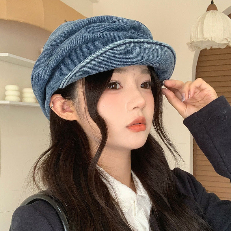 Beret de denim plissé pour femmes de style japonais