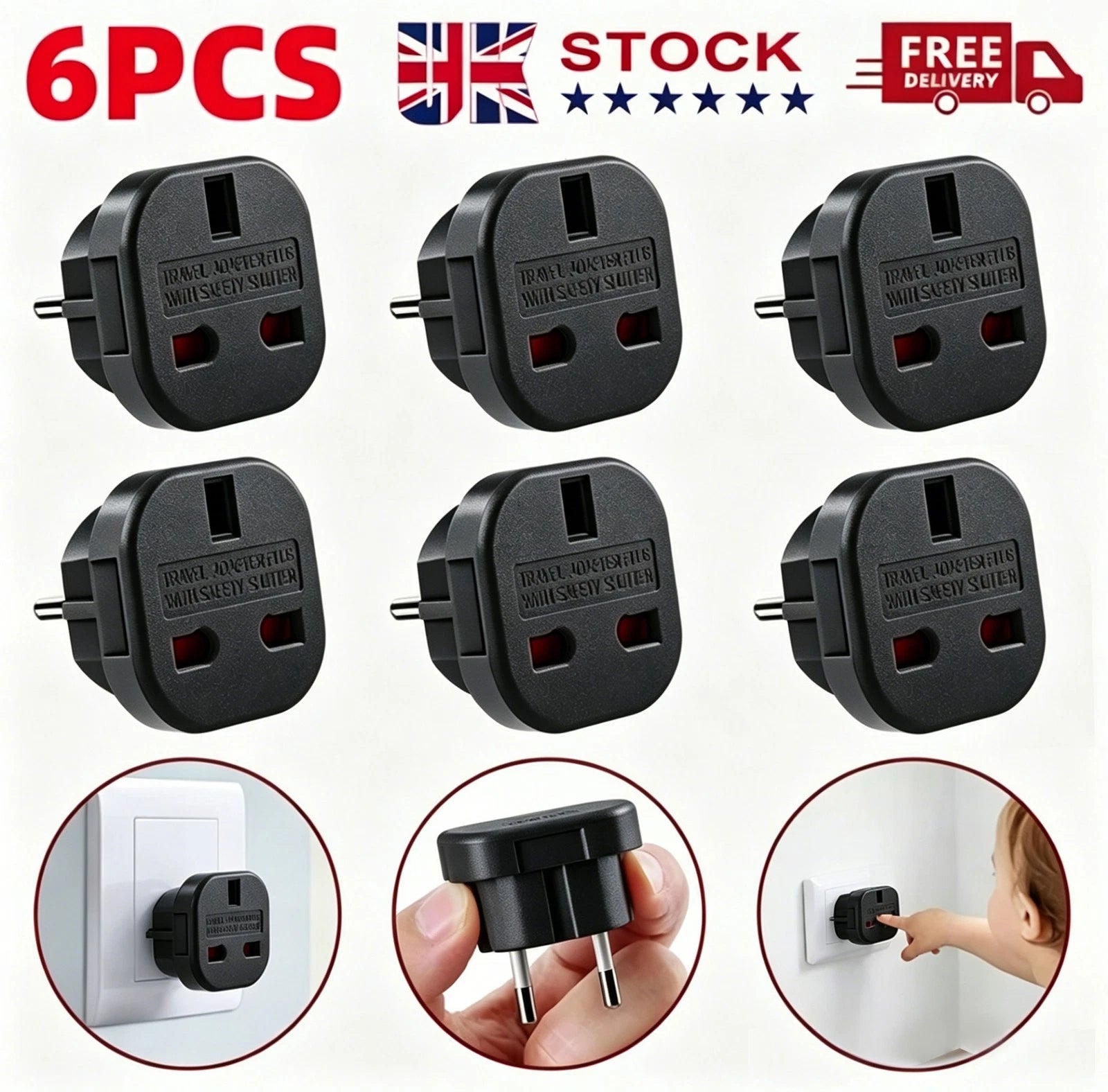 6X Black UK Vers l'UE Adaptateur de voyage Europe Adaptateur de prise européenne UK 3 broches à 2 broches