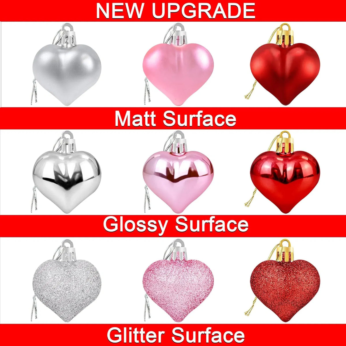 Ornements en forme de coeur 36Pcs Valentines - Décorations de coeur Valentines - Rouge Rose Argent G