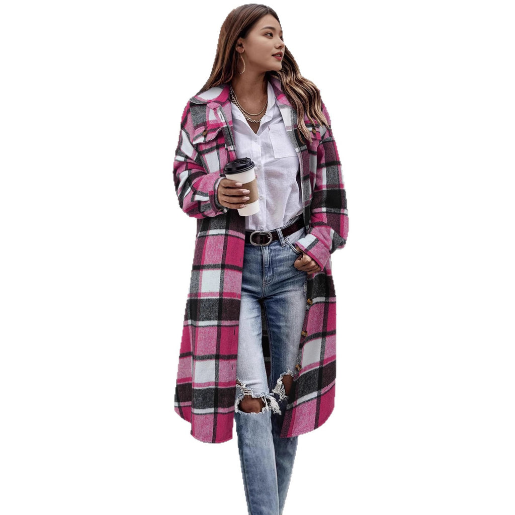 AutomneHiver Lapel Drop-Shoulder Casual Plaid Shirt avec poches de patch