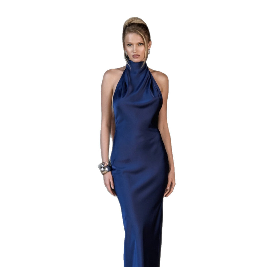 Vintage haute col Halter sirène satinée soirée Gown