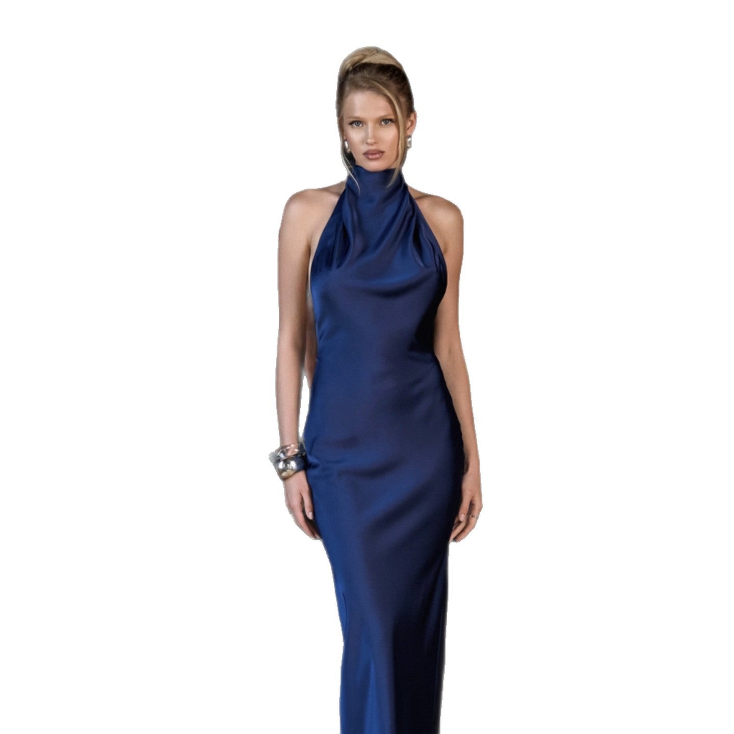 Vintage haute col Halter sirène satinée soirée Gown