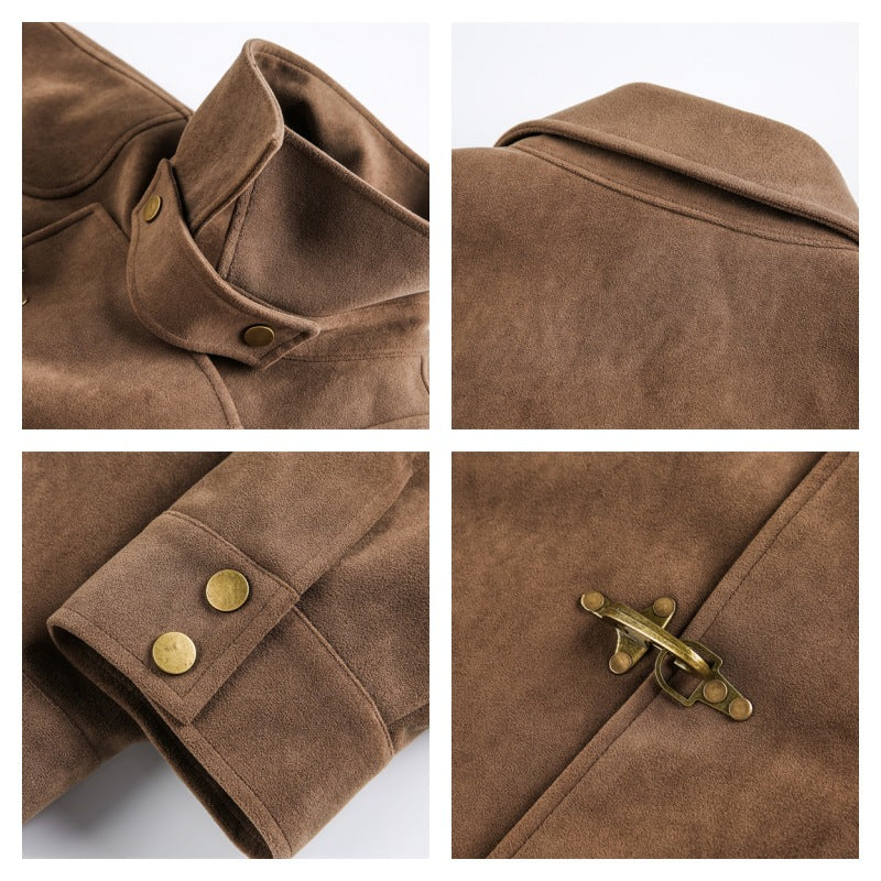 Homme Brown Faux Suede Metal Buckle Stand Collar Cropped Jacket