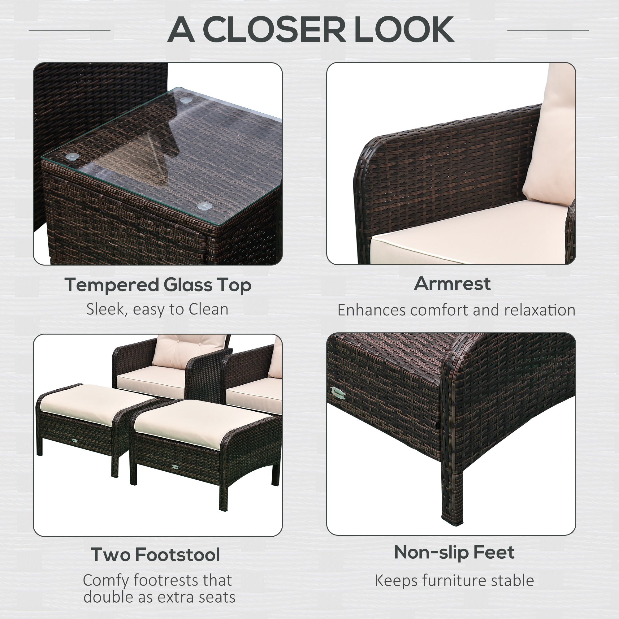 5 pièces Rattan Wicker Lounge Chaise extérieure Patio Conversation Set avec 2 chaises coussinées