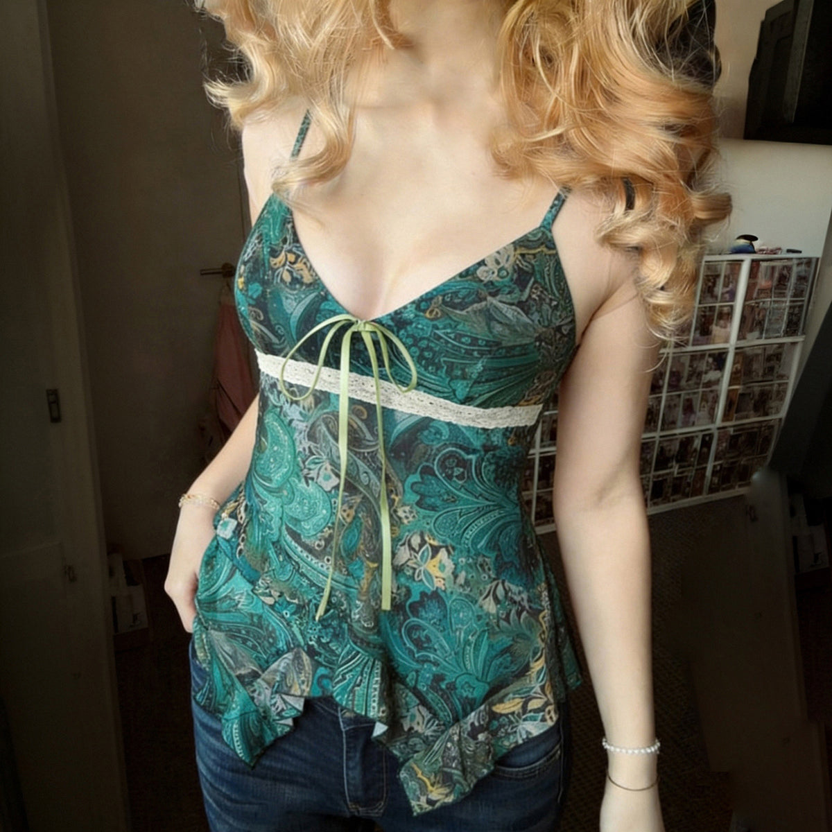 Rétro-imprimé Contraste-couleur Sexy Spicy Girl Mesh Camisole