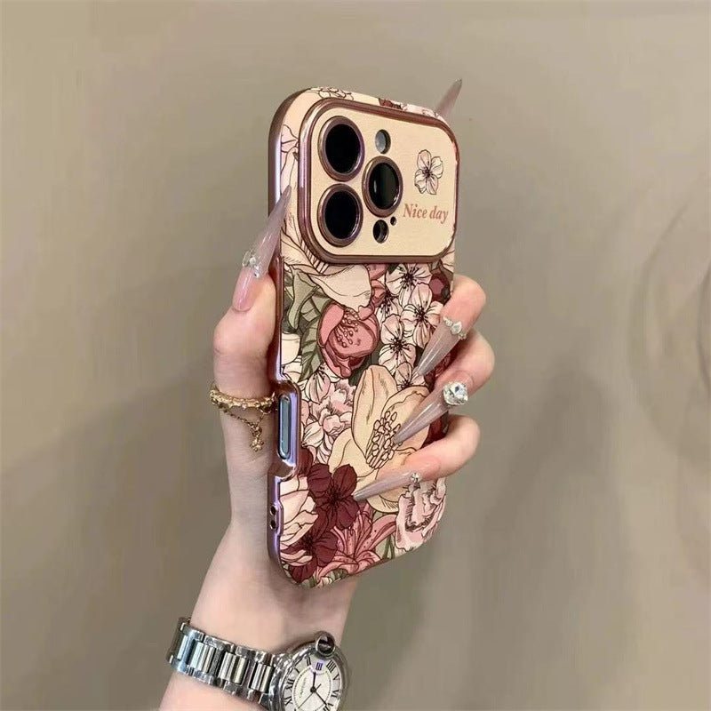 Rétro peinture à l'huile fleur conçu en cuir boîtier de téléphone