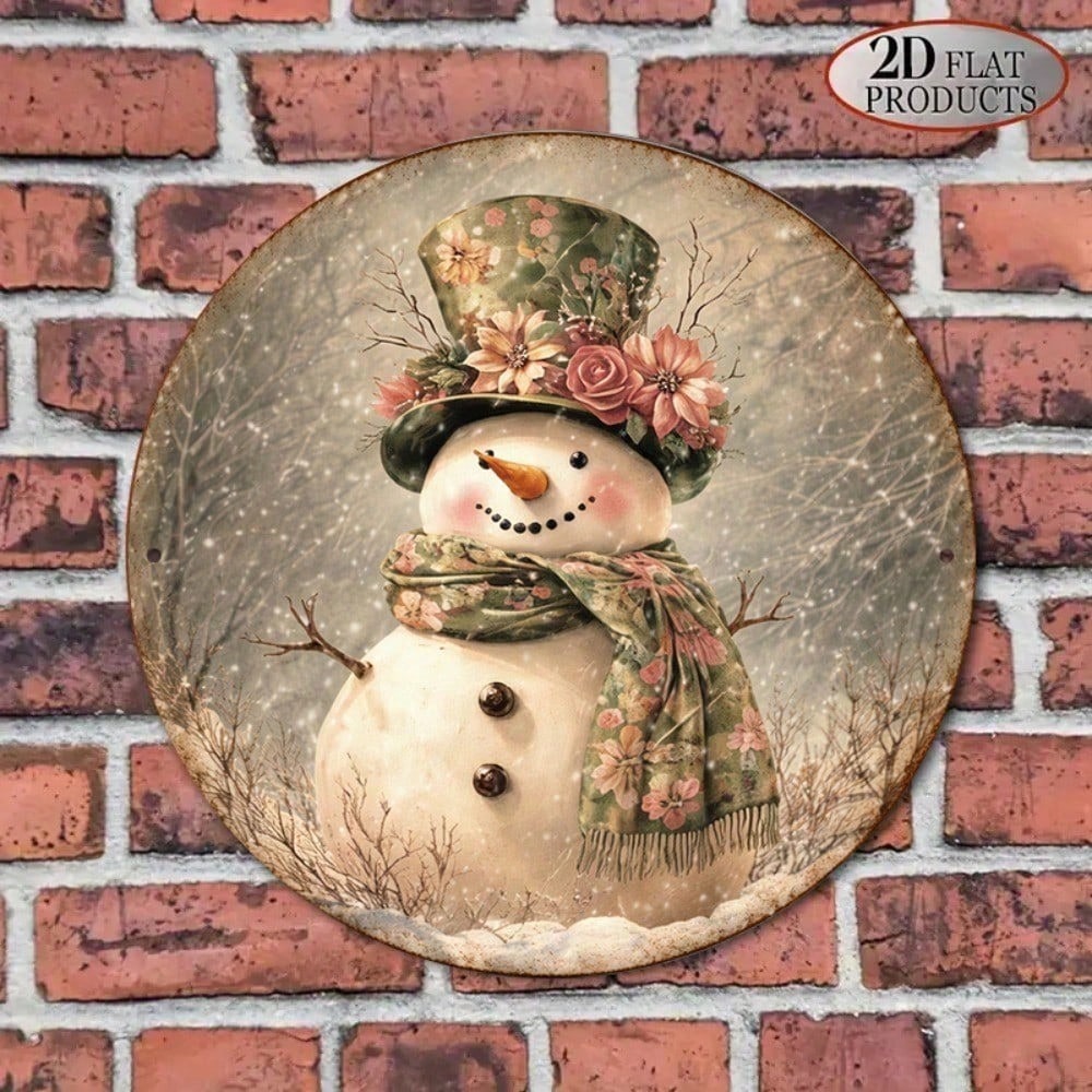Vieux Snowman rond panneau 8x8in mignon hiver vacances décoration mur