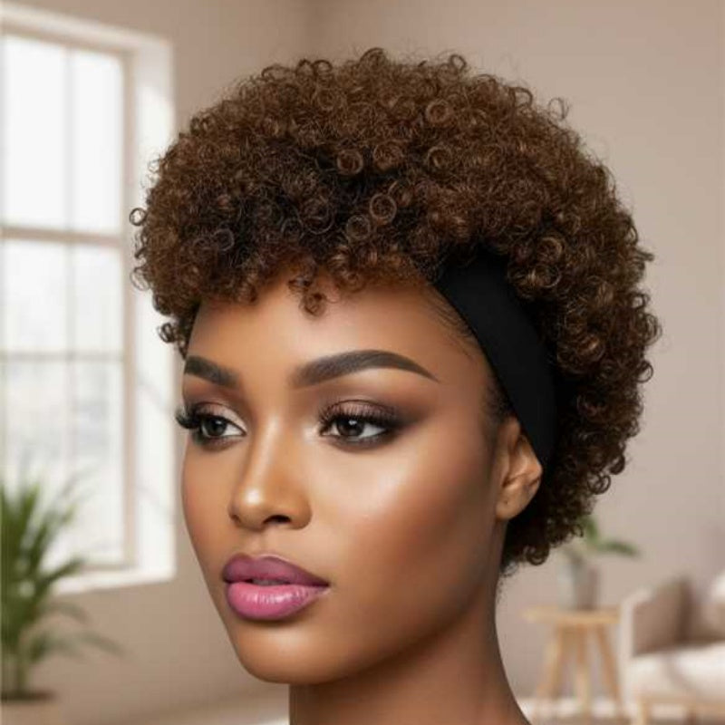 Cheveux humains, perruque courte brune, sans colle nécessaire, fluffy et curly, spécialement conçu F