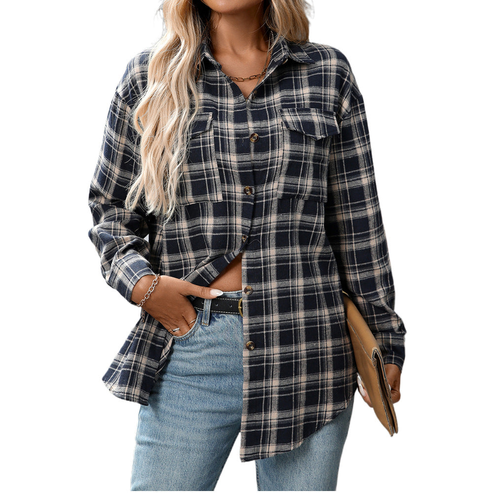 Autumn And Winter European and American Clothing Casual Fashion Loose Plaid Pocket Shirt F