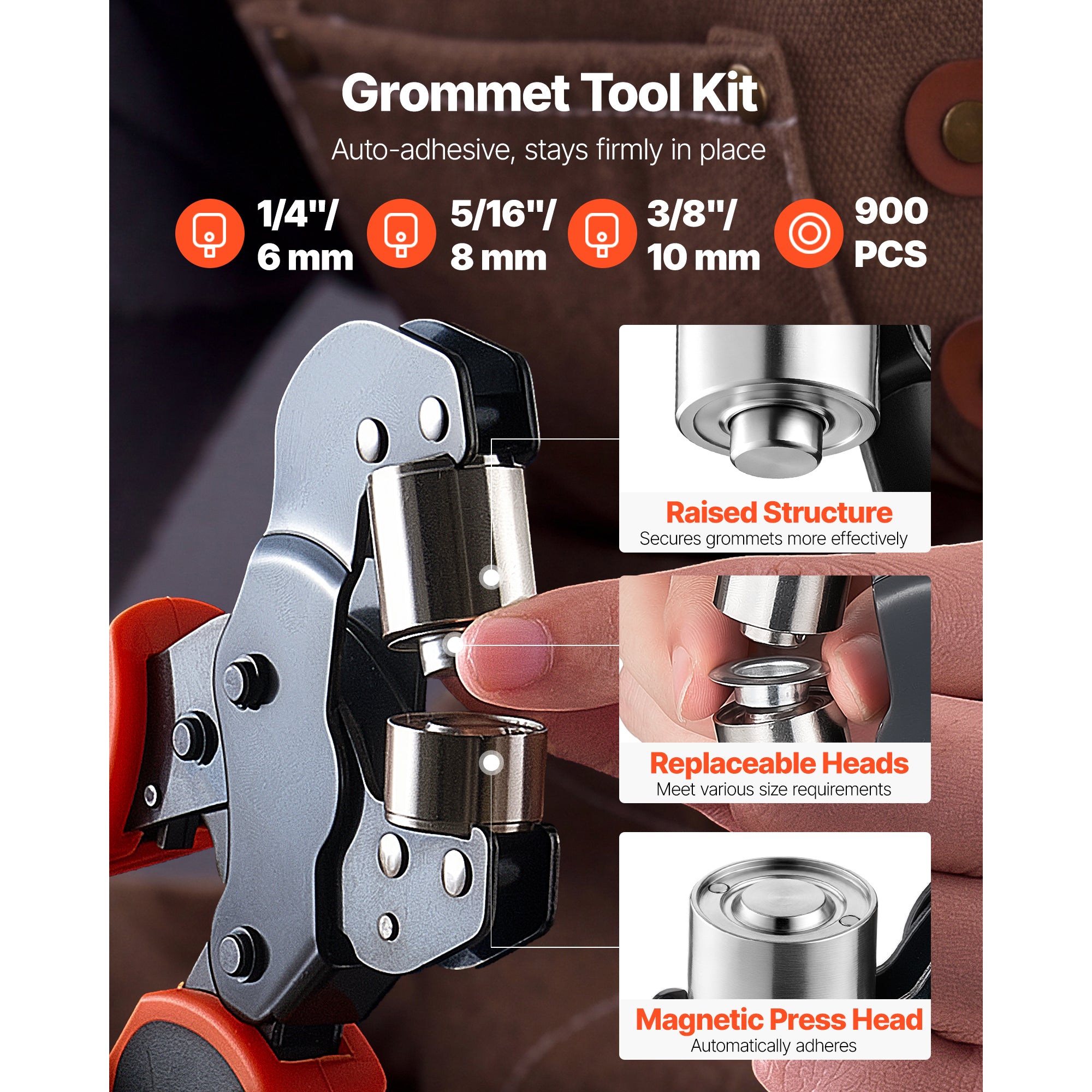 Kit d'outils Grommet 1/4" 5/16" 3/8" 900 PCS Grommets Eyelet Tool Kit