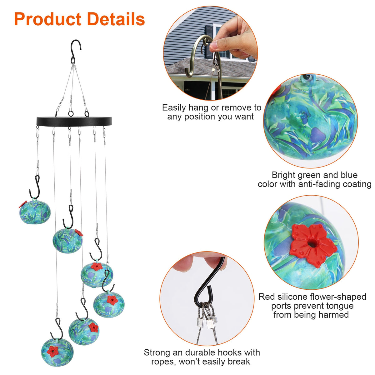1Pc Wind Chimes Humming Bird Feeder Fourmi et Bee Proof Outdoor Hanging Hummingbird Feeder F