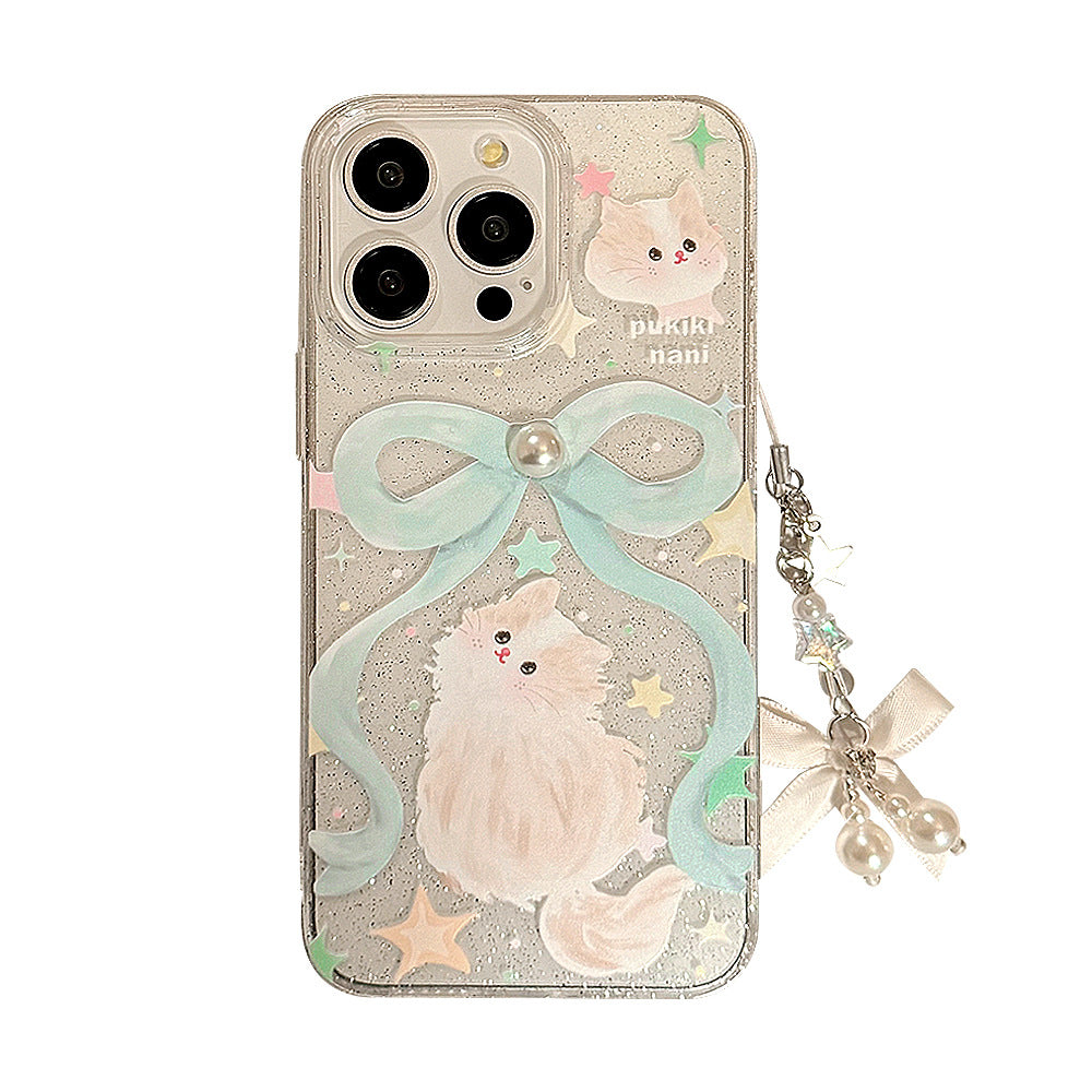 Glitter Phone Case with Bow and Cat Charm Lanyard