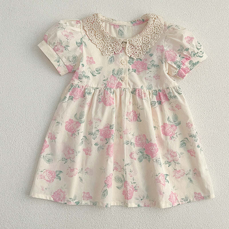 Girls' Lace-Trimmed Floral-Print Summer Dress