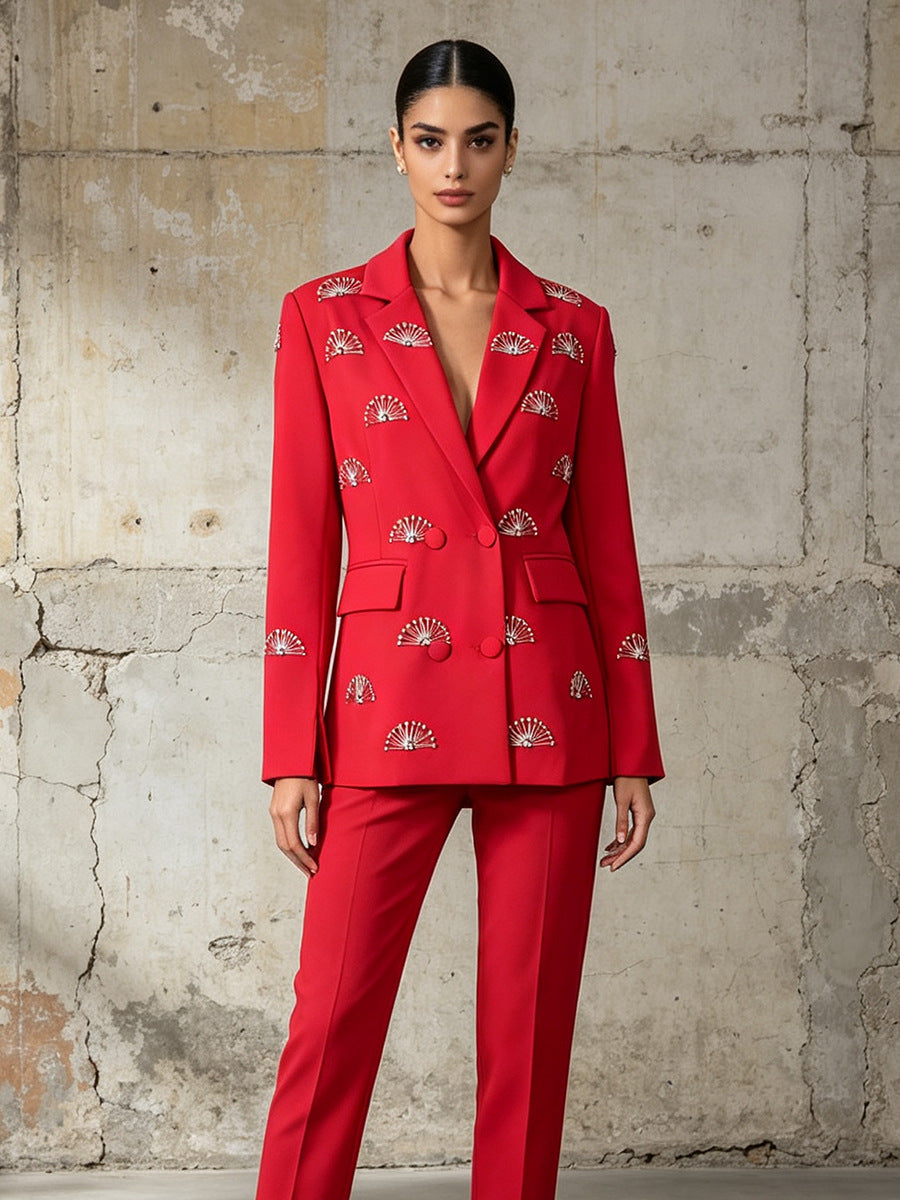 Rhinestone Double-Breasted Lapel Tailored Blazer