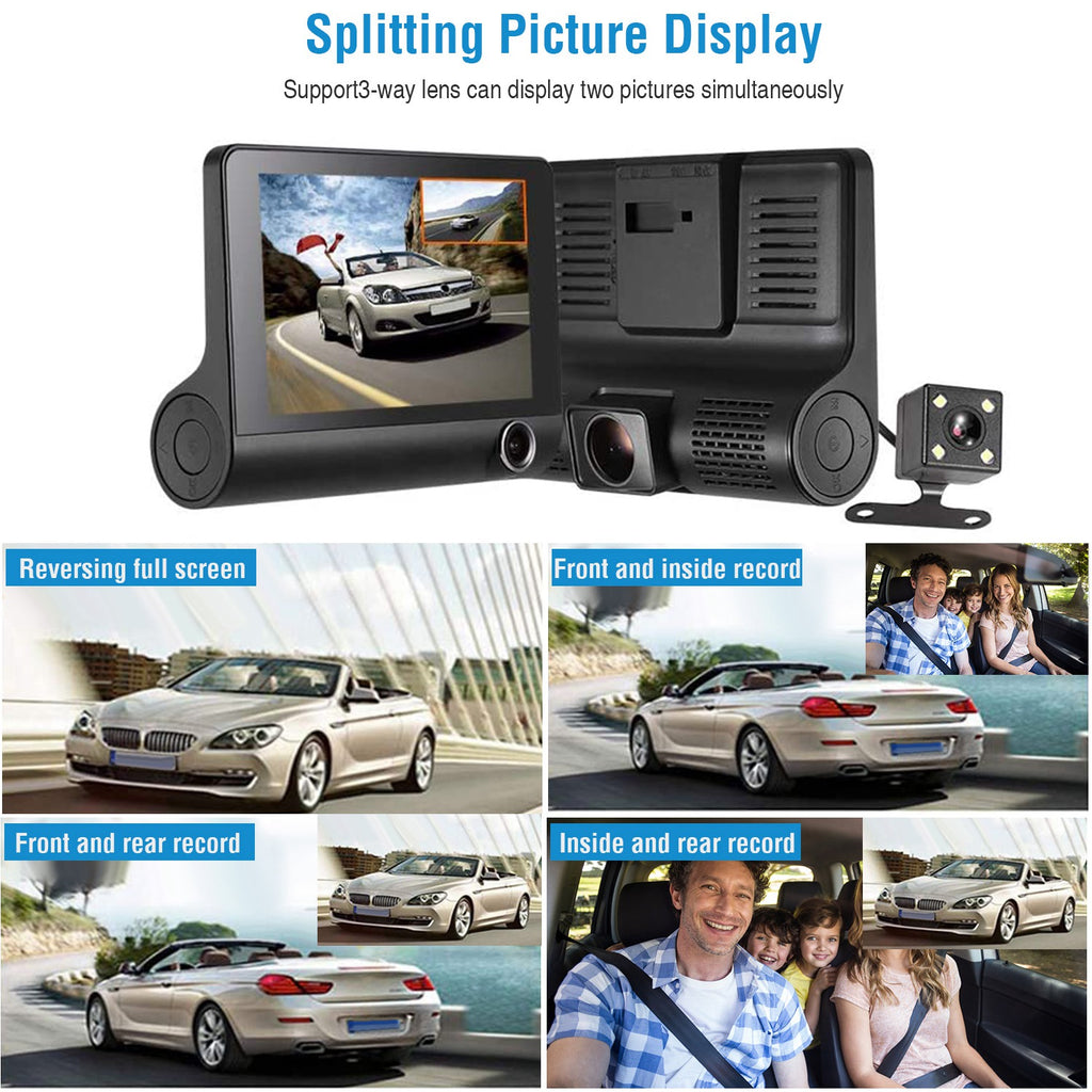 1296P Voiture DVR Dash Camera 4En 3 Lens Vehicle Drive Recorder Enregistrement sans couture