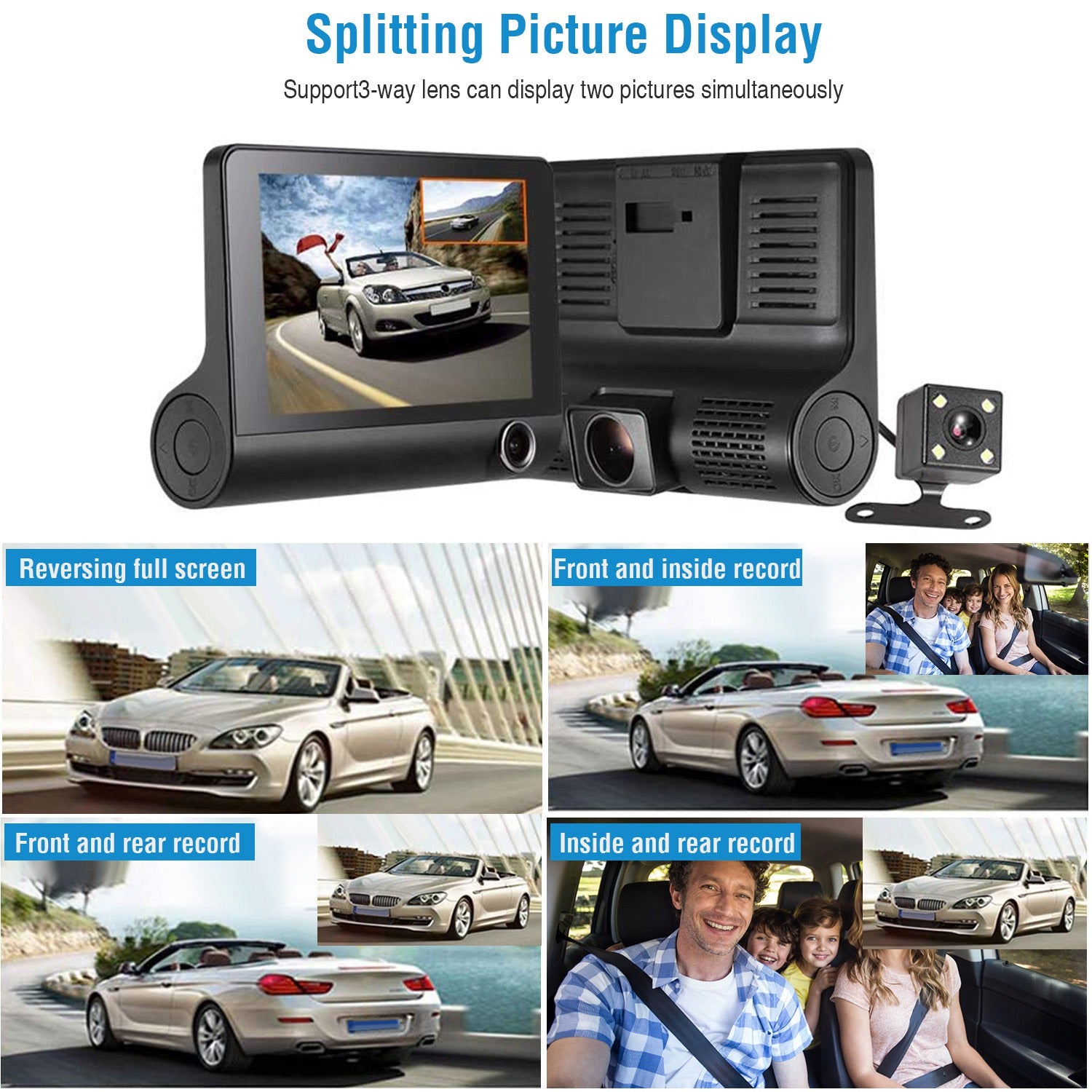 1296P Voiture DVR Dash Camera 4En 3 Lens Vehicle Drive Recorder Enregistrement sans couture