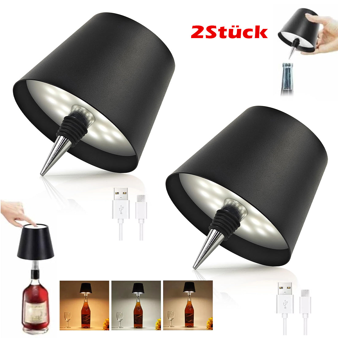2 Pack LED bouteille de vin lumière touche variable 3 modes de couleur 1200mAh lampe de bouteille rechargeable