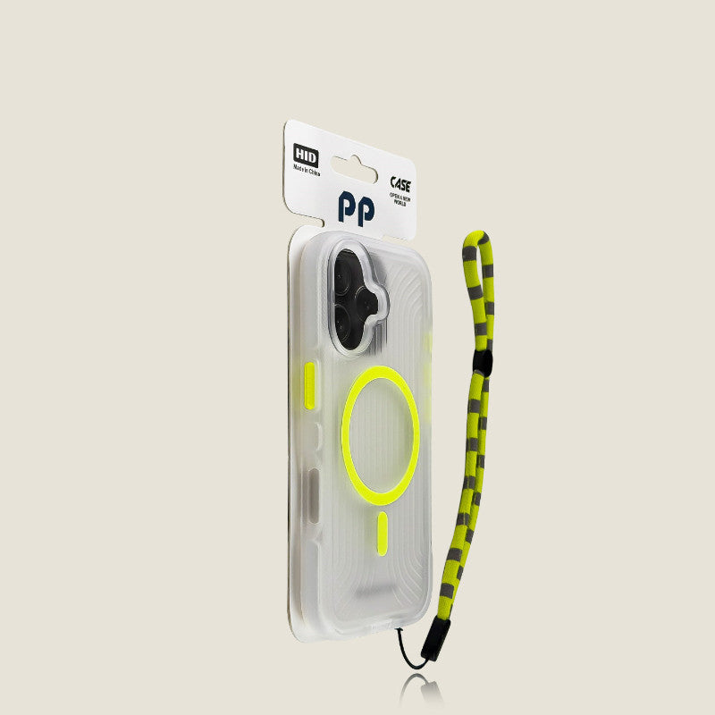 Cas de téléphone rayé noir mat avec fixation magnétique et lanyard intégré pour