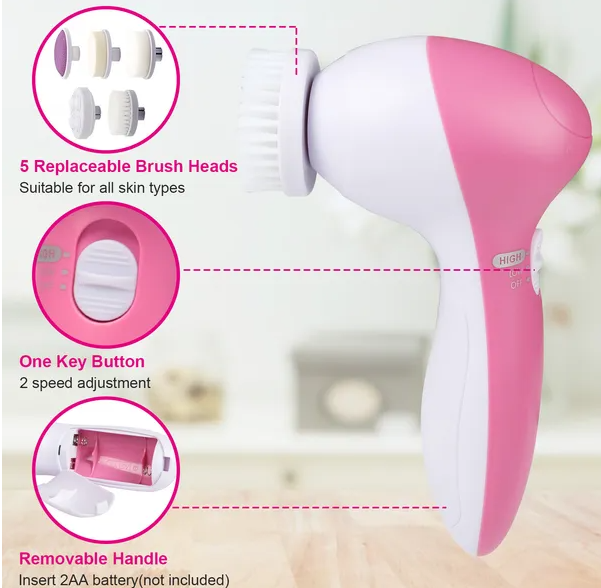 Brosse de nettoyage faciale Brosse de nettoyage du visage imperméable avec 5 têtes de brosse