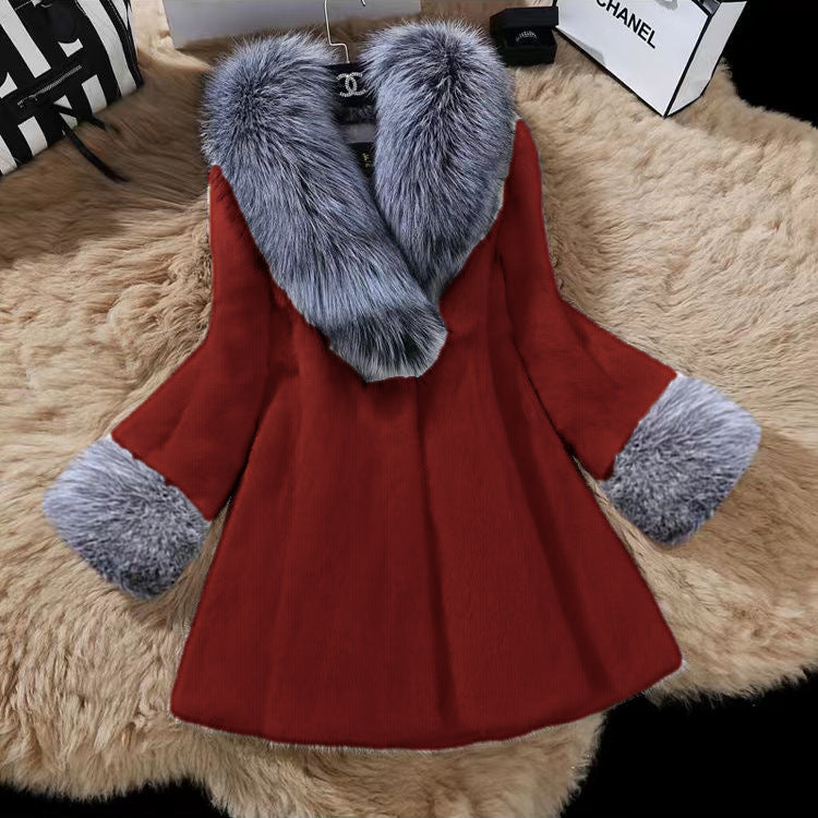Femmes Faux Argent Collier de fourrure de renard Faux Mink Fur Coat