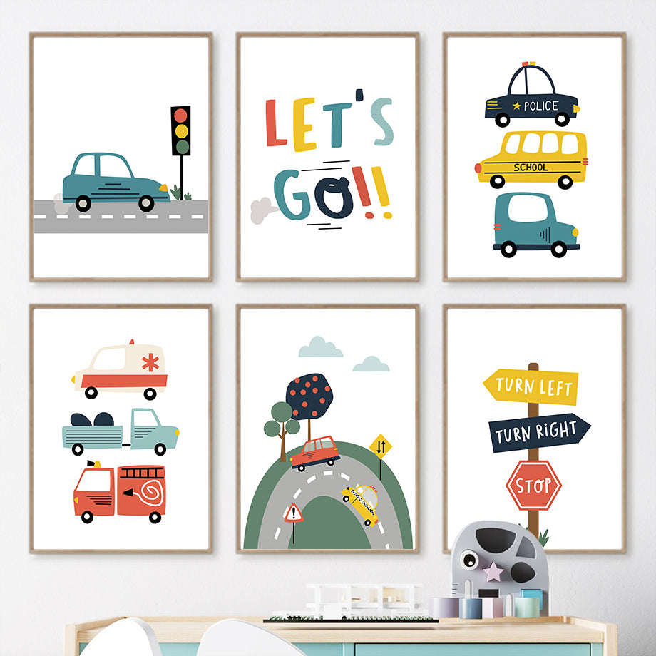 Cartoon Cab Camion Autoroute Traffic Lumière Mural Art Toile Peinture