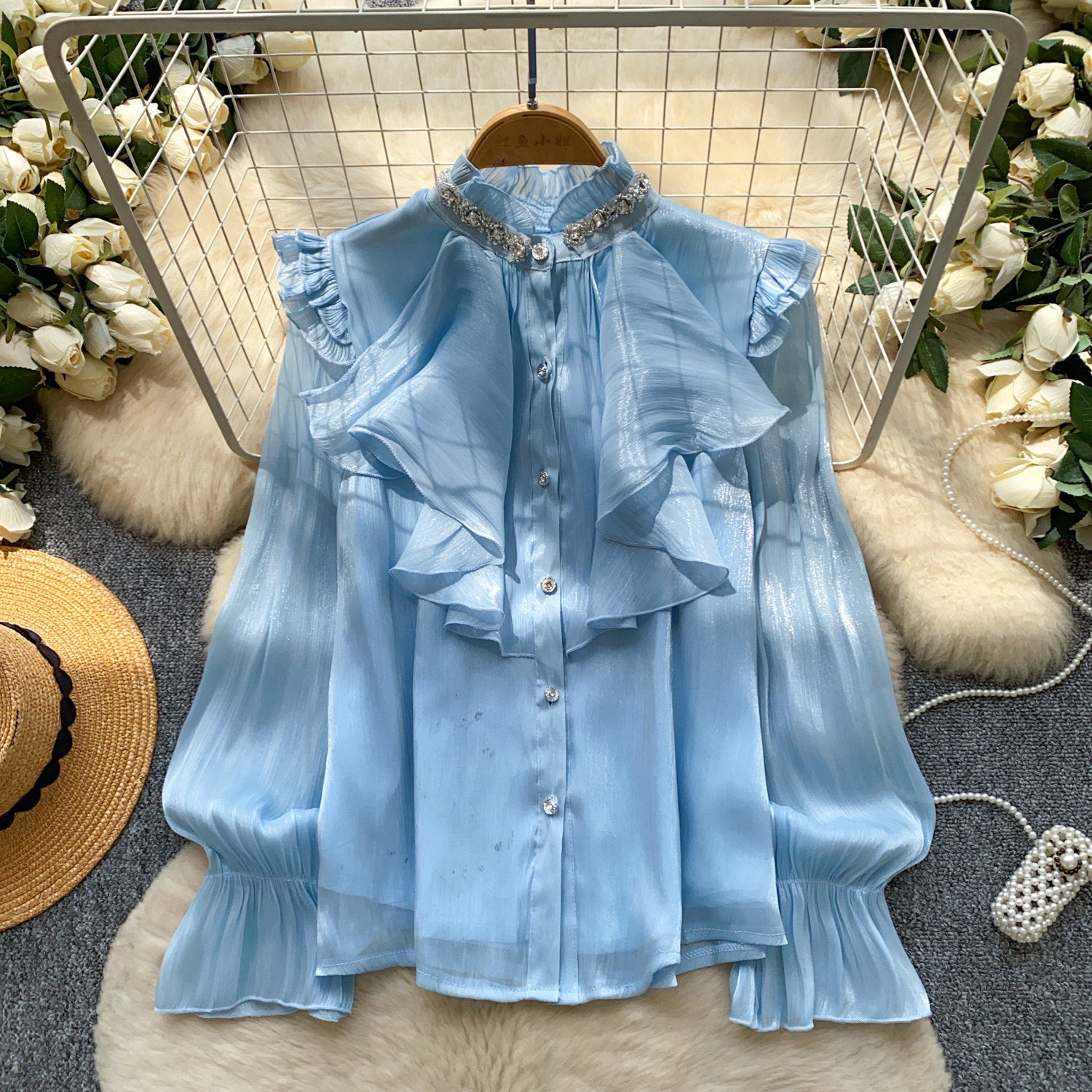 Haut de chemise à volants à perle volante