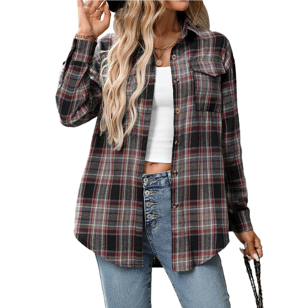 Autumn And Winter European and American Clothing Casual Fashion Loose Plaid Pocket Shirt F