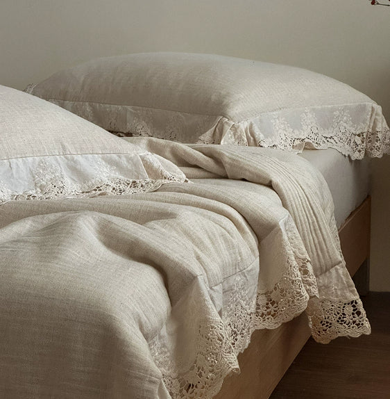 English Herringbone Jacquard Cotton Linen Double Bed Washable Summer Cooling Quilt with Lace