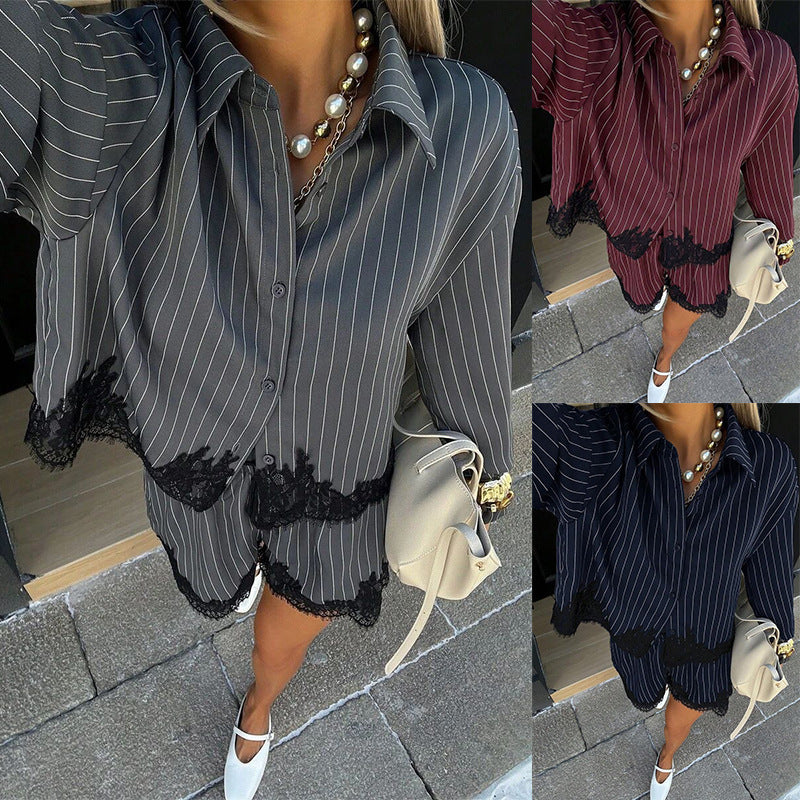 Ensemble de shorts à cordons rayés de dentelle pour femmes