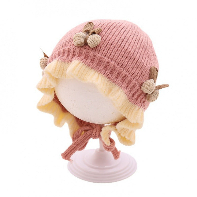 Automne et hiver Chapeau tricoté Mignon princesse fleur Bonnet bébé fille chaude Dentelle haut laine bras