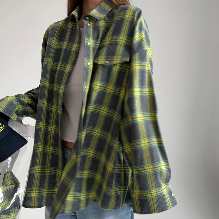 Chemise pour femme d'Amazon Ozon Style rétro enroulé Printemps Automne Hiver Plaid Poche à manches longues